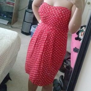 Strapless red polka dot dress